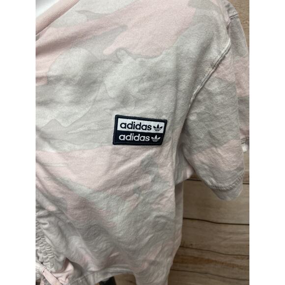 Adidas Womens Crop Top Shirt Size Small Cinch Front Pink Camo Short Sleeve - Picture 6 of 11